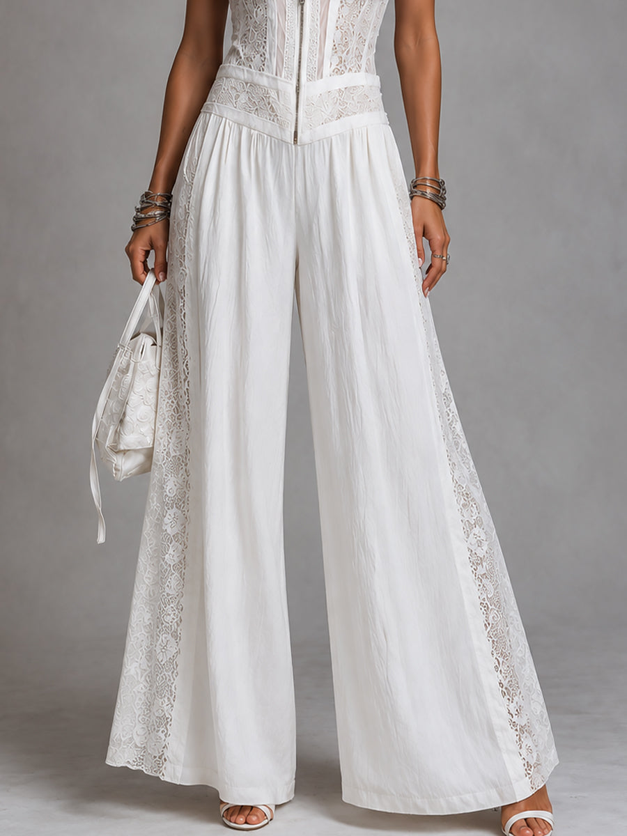 Retro Stand-Collar Tencel Wide-Leg Jumpsuit With Lace Trim