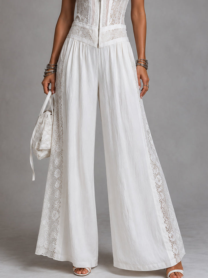 Retro Stand-Collar Tencel Wide-Leg Jumpsuit With Lace Trim