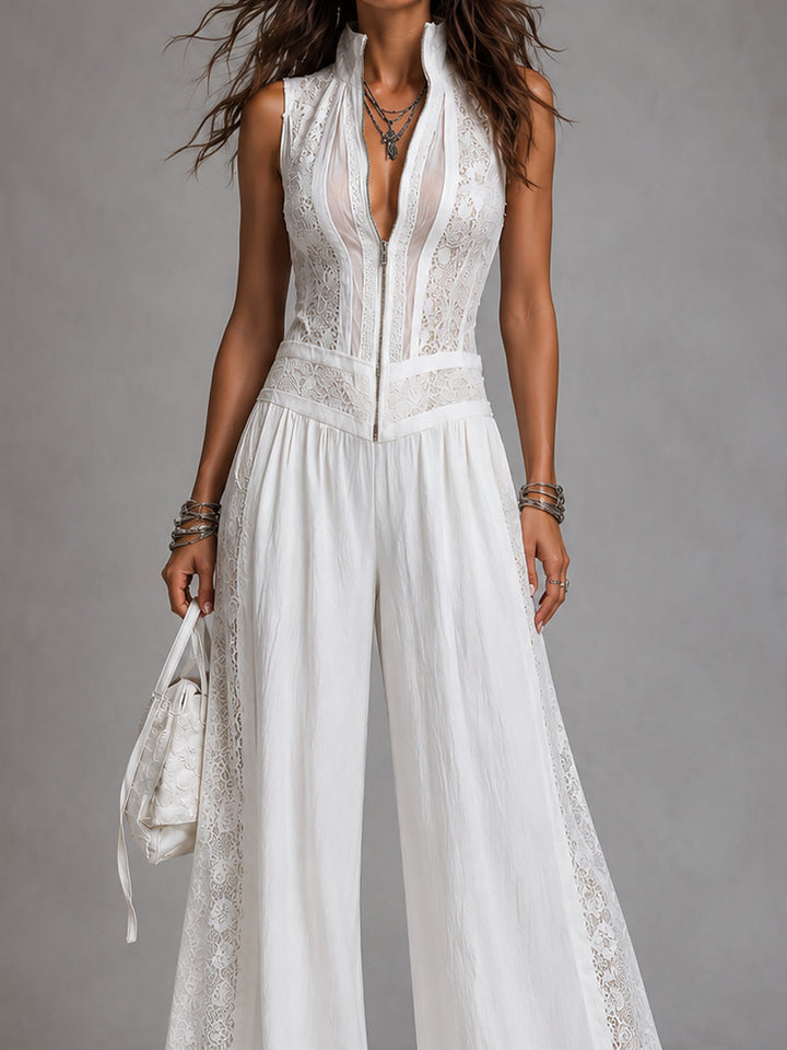 Retro Stand-Collar Tencel Wide-Leg Jumpsuit With Lace Trim