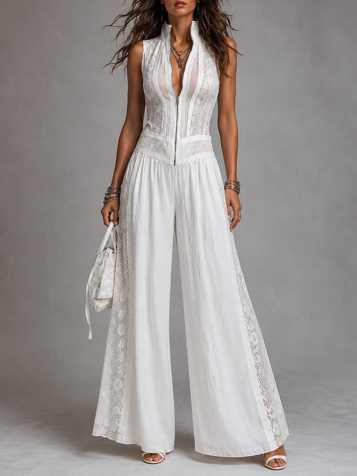 Retro Stand-Collar Tencel Wide-Leg Jumpsuit With Lace Trim