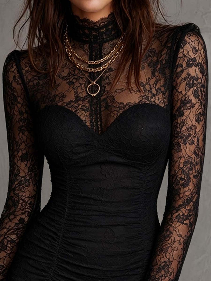 Vintage Black Floral Lace Mock Neck Ruched Bodycon Mini Dress | Harry & Kate London