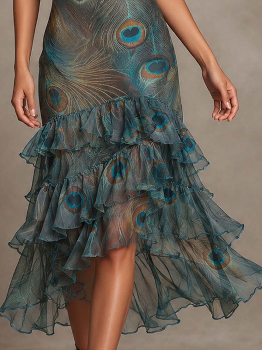 Vintage Peacock Print Chiffon Halter Tiered Ruffle Midi Dress | Harry & Kate London