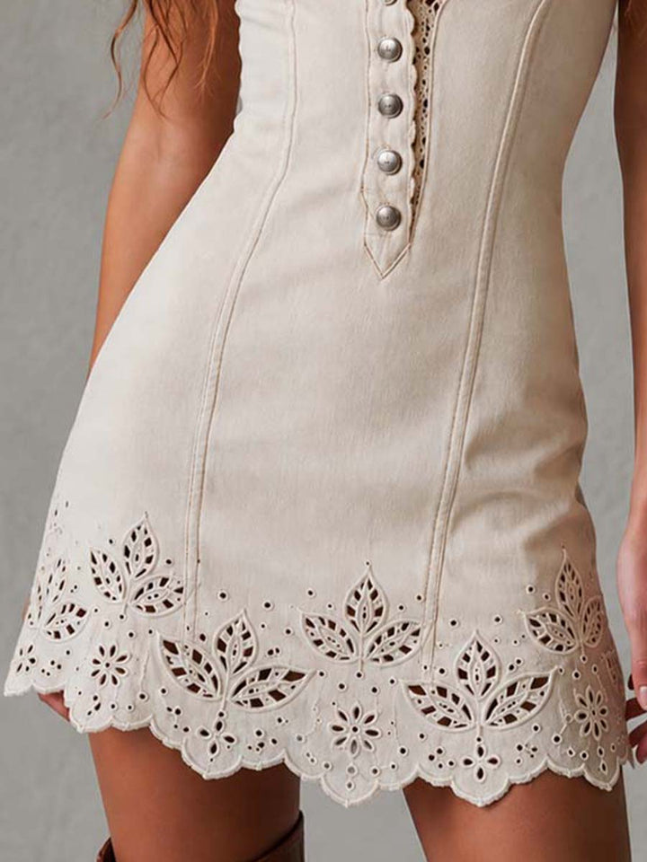 Vintage-style Pure Cotton Mini Dress With Cutwork Embroidery Hem