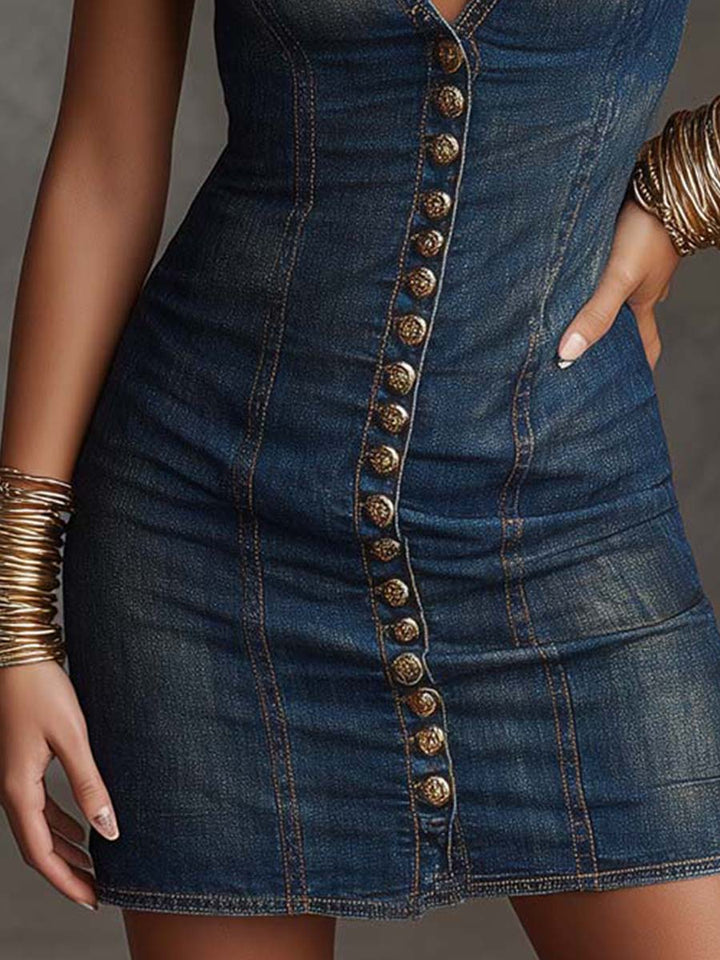 Spaghetti Strap Front Button Fitted Denim Mini Dress
