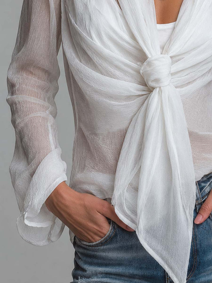 Sheer Crinkled Chiffon Wrap Front Tie Knot Long Sleeve Blouse With Camisole