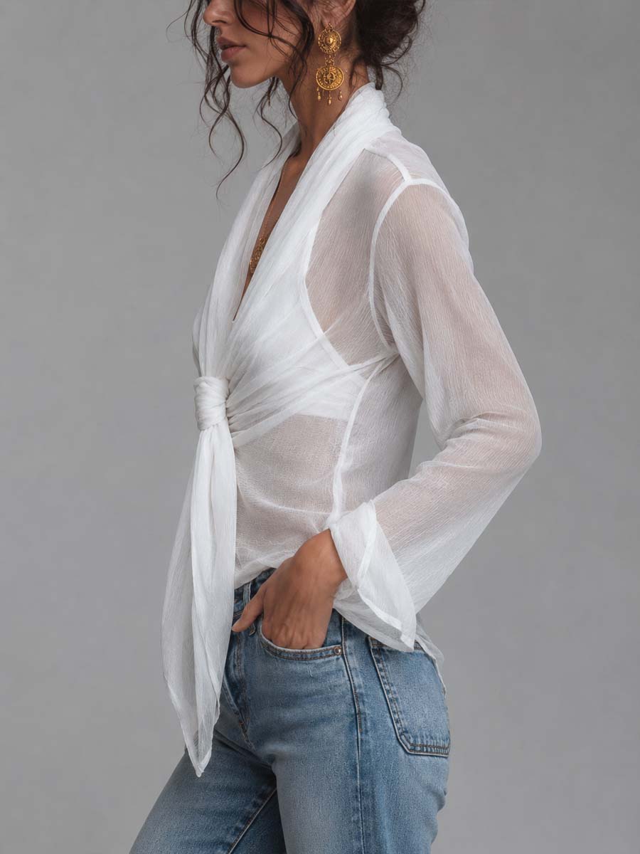 Sheer Crinkled Chiffon Wrap Front Tie Knot Long Sleeve Blouse With Camisole