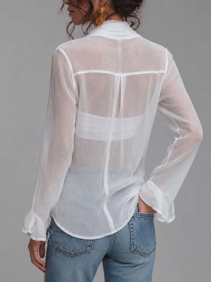 Sheer Crinkled Chiffon Wrap Front Tie Knot Long Sleeve Blouse With Camisole