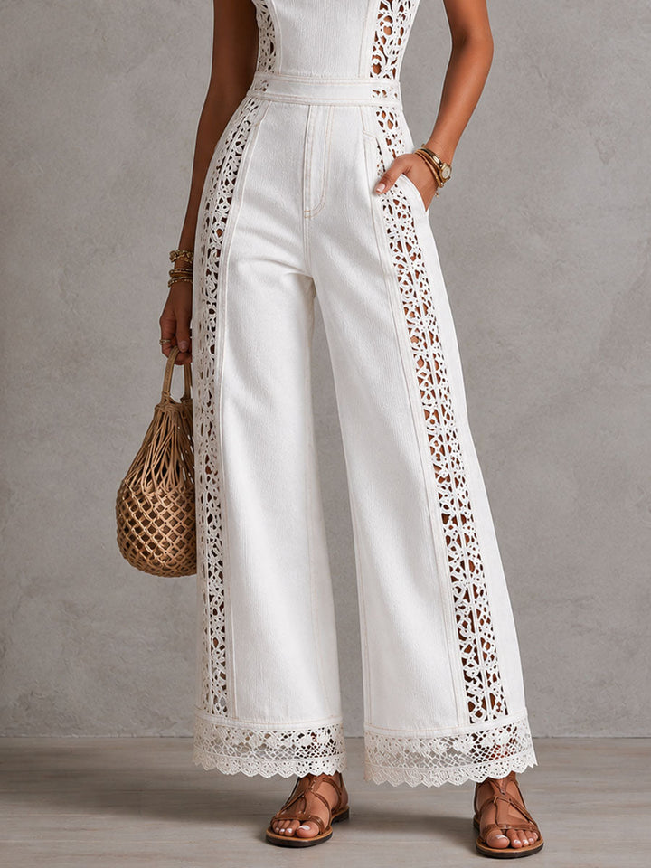 Boho White Denim Square Neck Crochet Lace Wide Legs Jumpsuit