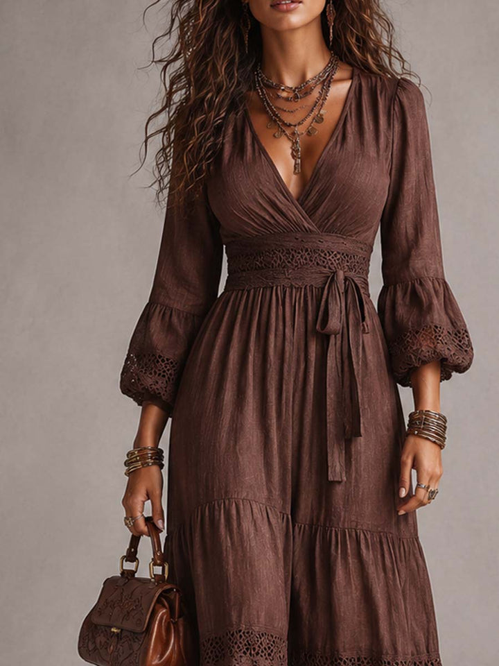 Vintage Puff-sleeve Lace Trim Cotton-linen Midi Dress