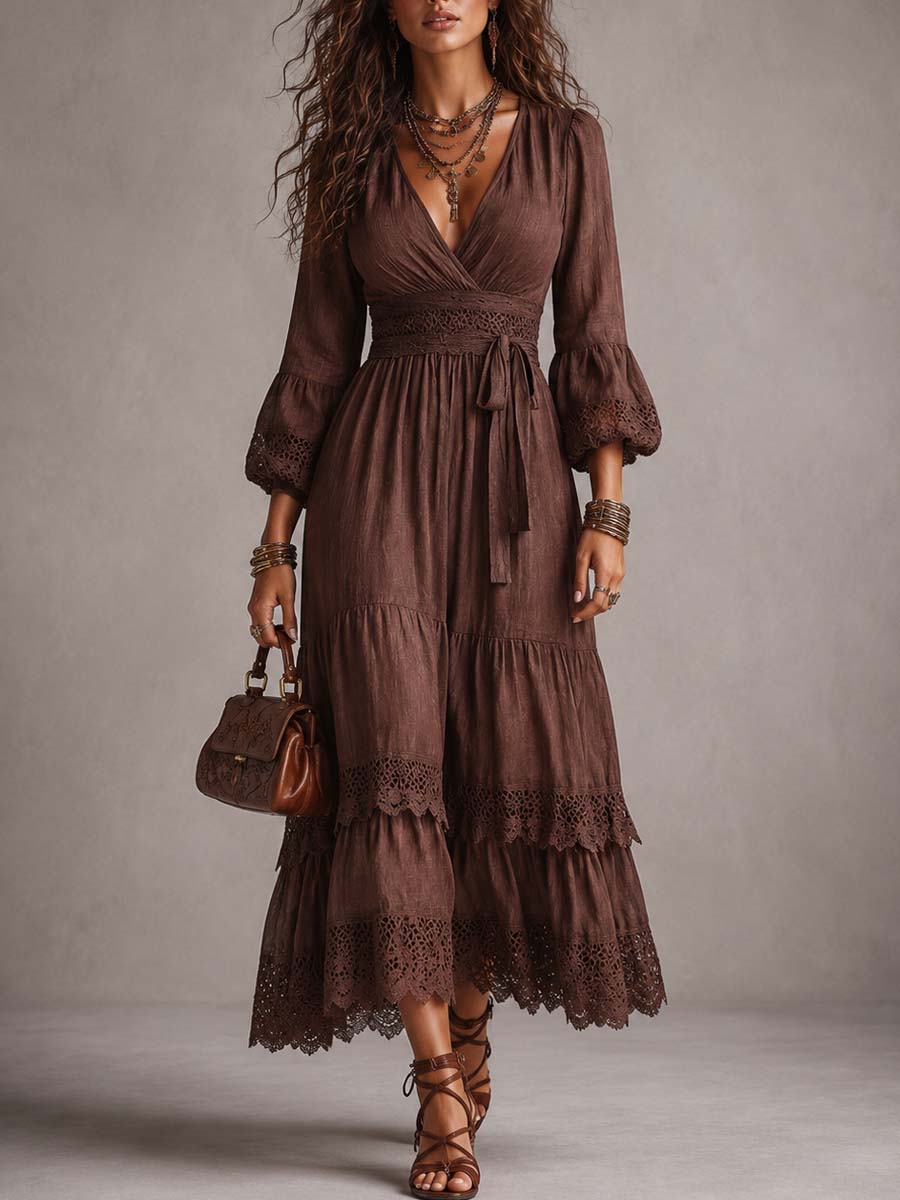 Vintage Puff-sleeve Lace Trim Cotton-linen Midi Dress
