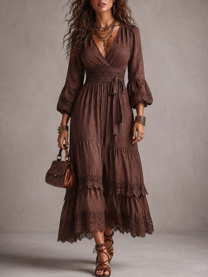 Vintage Puff-sleeve Lace Trim Cotton-linen Midi Dress