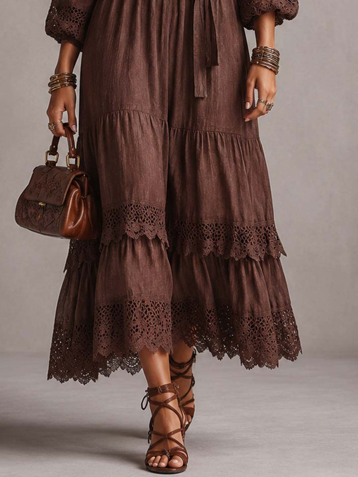 Vintage Puff-sleeve Lace Trim Cotton-linen Midi Dress