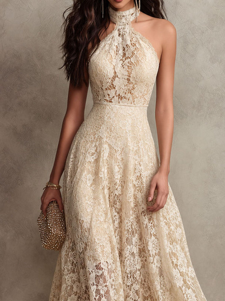 Retro Eelgant Ivory Lace Halter Evening Maxi Dress