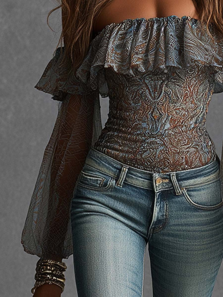 Boho Paisley Print Off-Shoulder Ruffle Sheer Puff-Sleeve Top