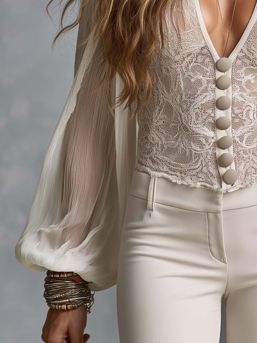 Boho Sheer Lace Deep V-Neck Button-Front Sheer Balloon Sleeve Blouse