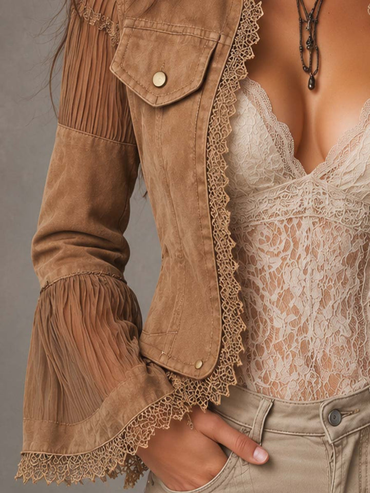 Boho Vintage Lace Trim Pocket Patchwork Sheer Flare Long Sleeve Jacket | Harry & Kate London