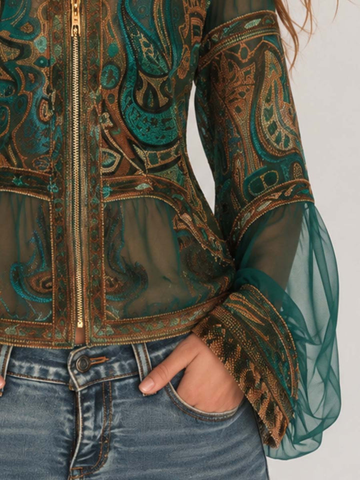 Boho Paisley Print Collar Full Zip Flare Bell Sleeve Sheer Mesh Crop Jacket