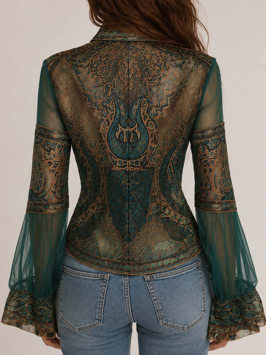 Boho Paisley Print Collar Full Zip Flare Bell Sleeve Sheer Mesh Crop Jacket