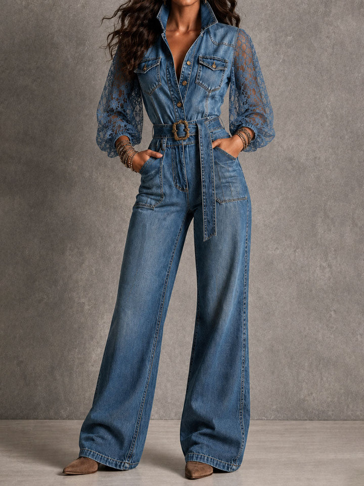 Boho Lace Puff Sleeve Collar Button Belted Wide Leg Denim Jumpsuit