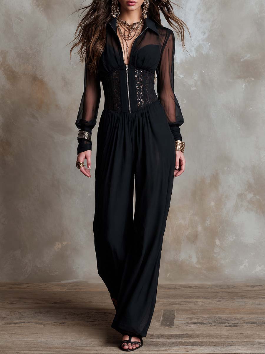 Collared Half Zip Sheer Chiffon Sleeve Lace Corset Waist Gathered Wide Leg Chiffon Jumpsuit