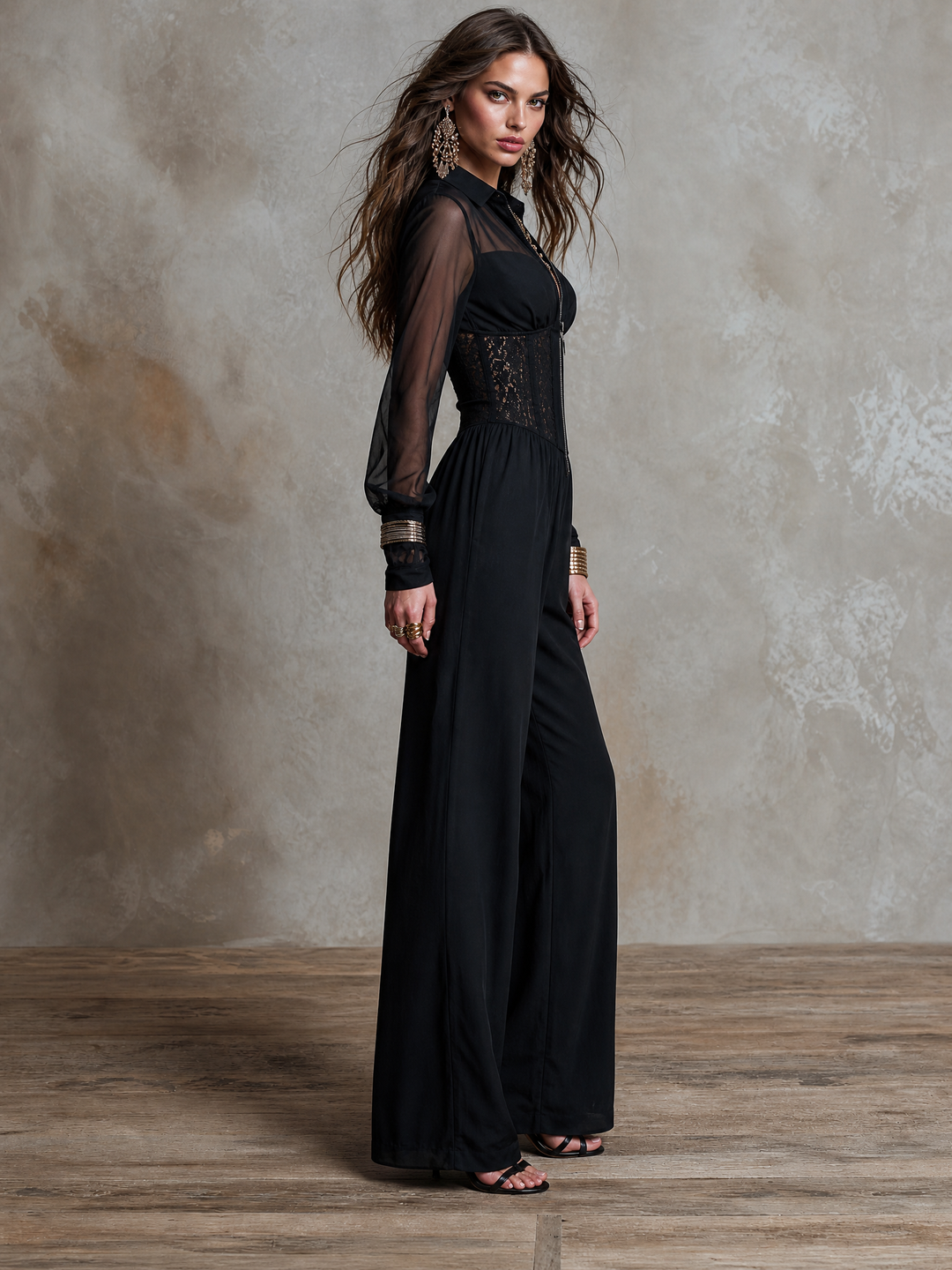 Collared Half Zip Sheer Chiffon Sleeve Lace Corset Waist Gathered Wide Leg Chiffon Jumpsuit