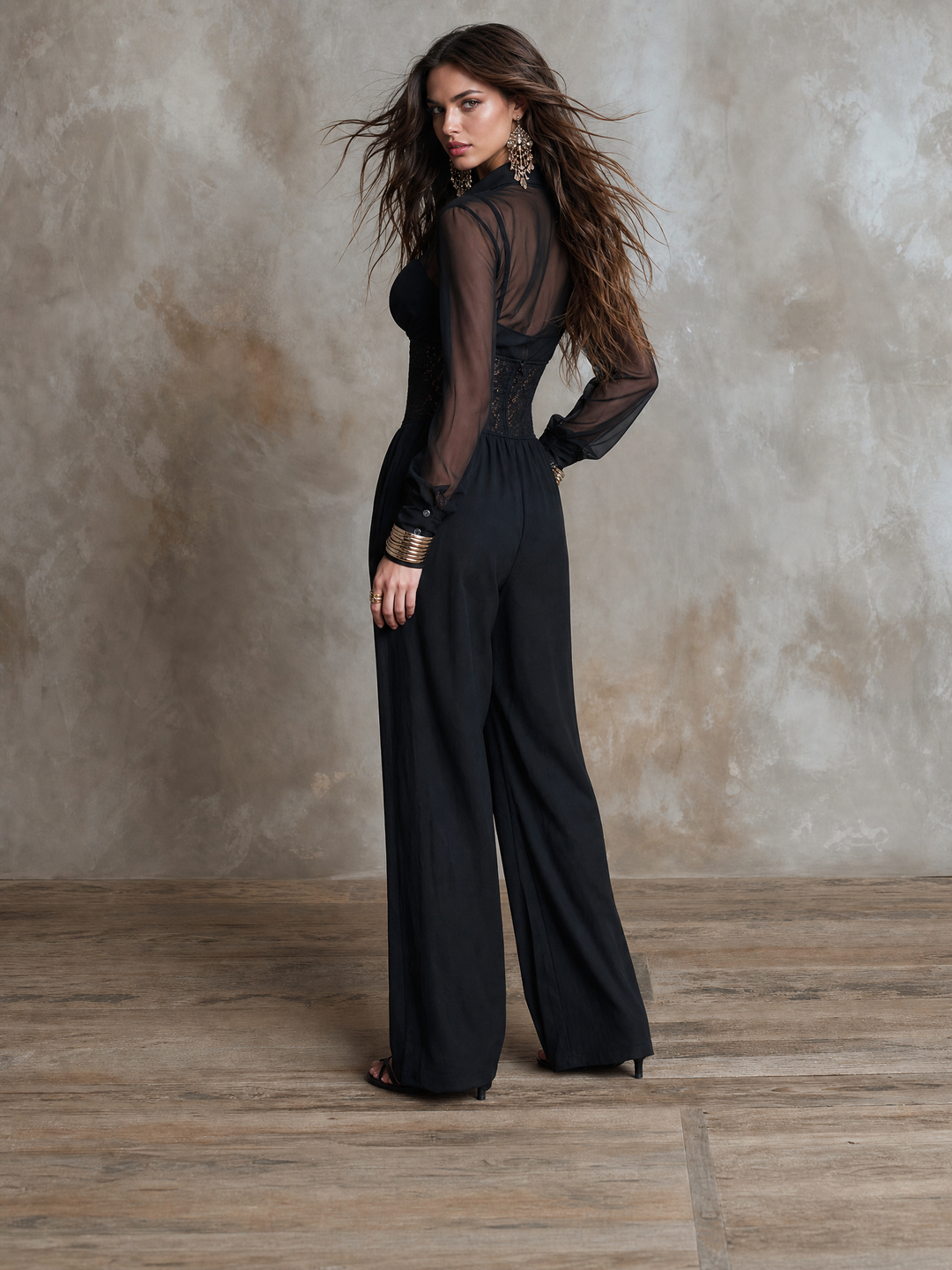 Collared Half Zip Sheer Chiffon Sleeve Lace Corset Waist Gathered Wide Leg Chiffon Jumpsuit