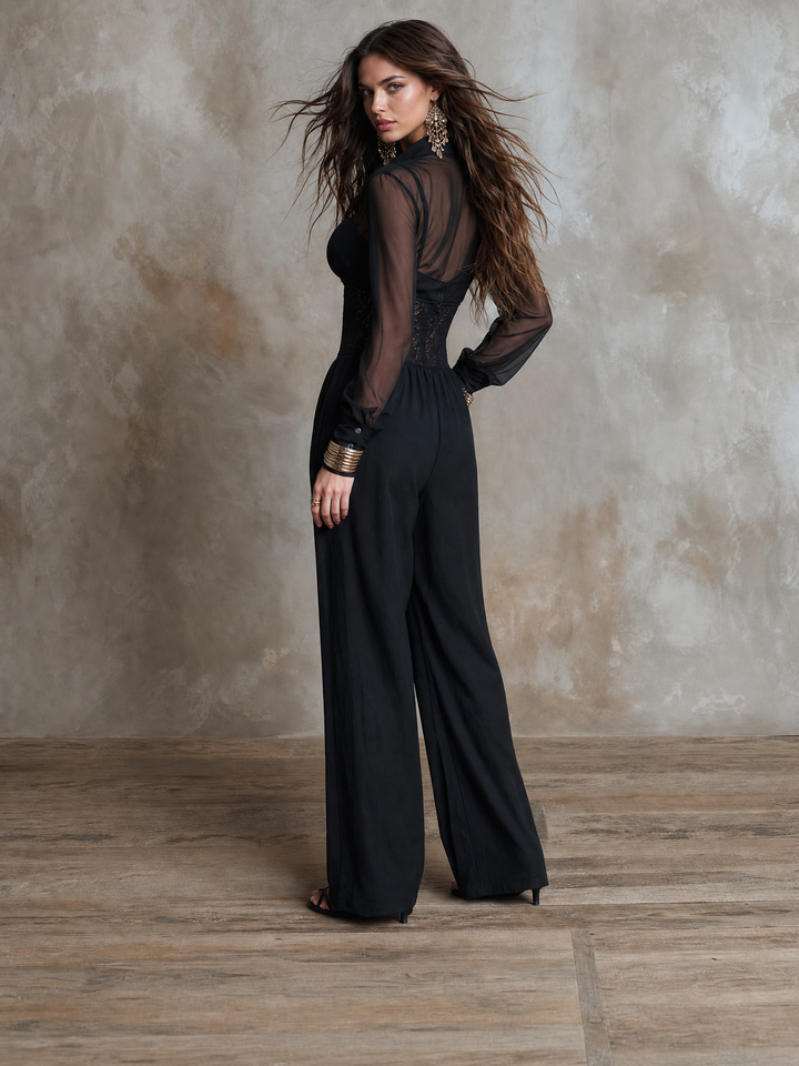 Collared Half Zip Sheer Chiffon Sleeve Lace Corset Waist Gathered Wide Leg Chiffon Jumpsuit