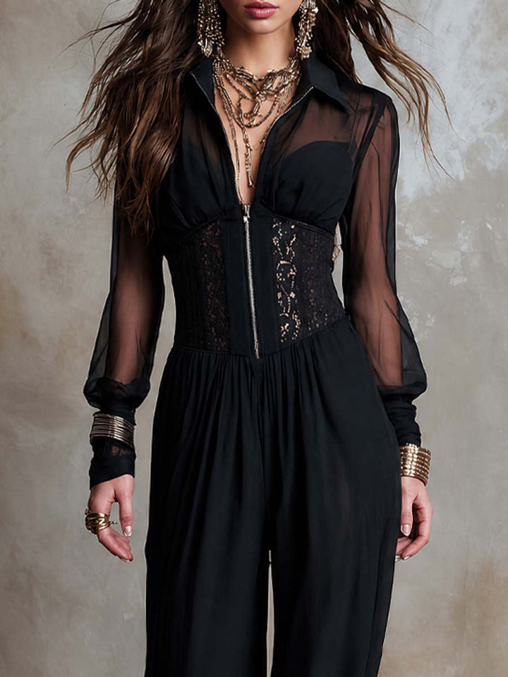 Collared Half Zip Sheer Chiffon Sleeve Lace Corset Waist Gathered Wide Leg Chiffon Jumpsuit