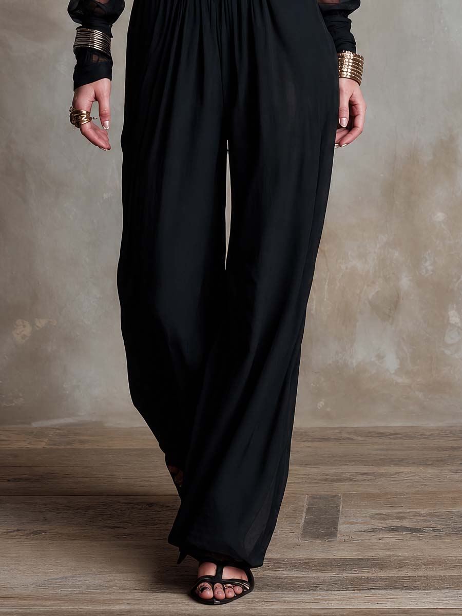 Collared Half Zip Sheer Chiffon Sleeve Lace Corset Waist Gathered Wide Leg Chiffon Jumpsuit