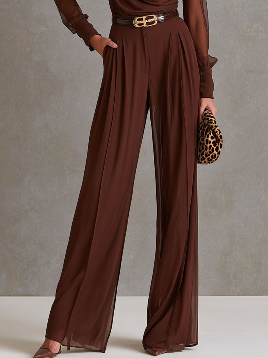 Eleganter brauner Chiffon-Jumpsuit mit Wasserfallausschnitt, transparenten langen Ärmeln und weitem Bein