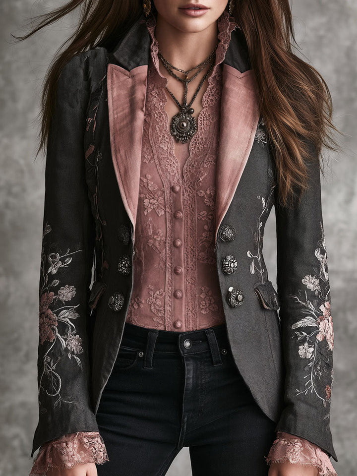 Retro Black Floral Embroidered Pink Satin Lapel Blazer | Harry & Kate London