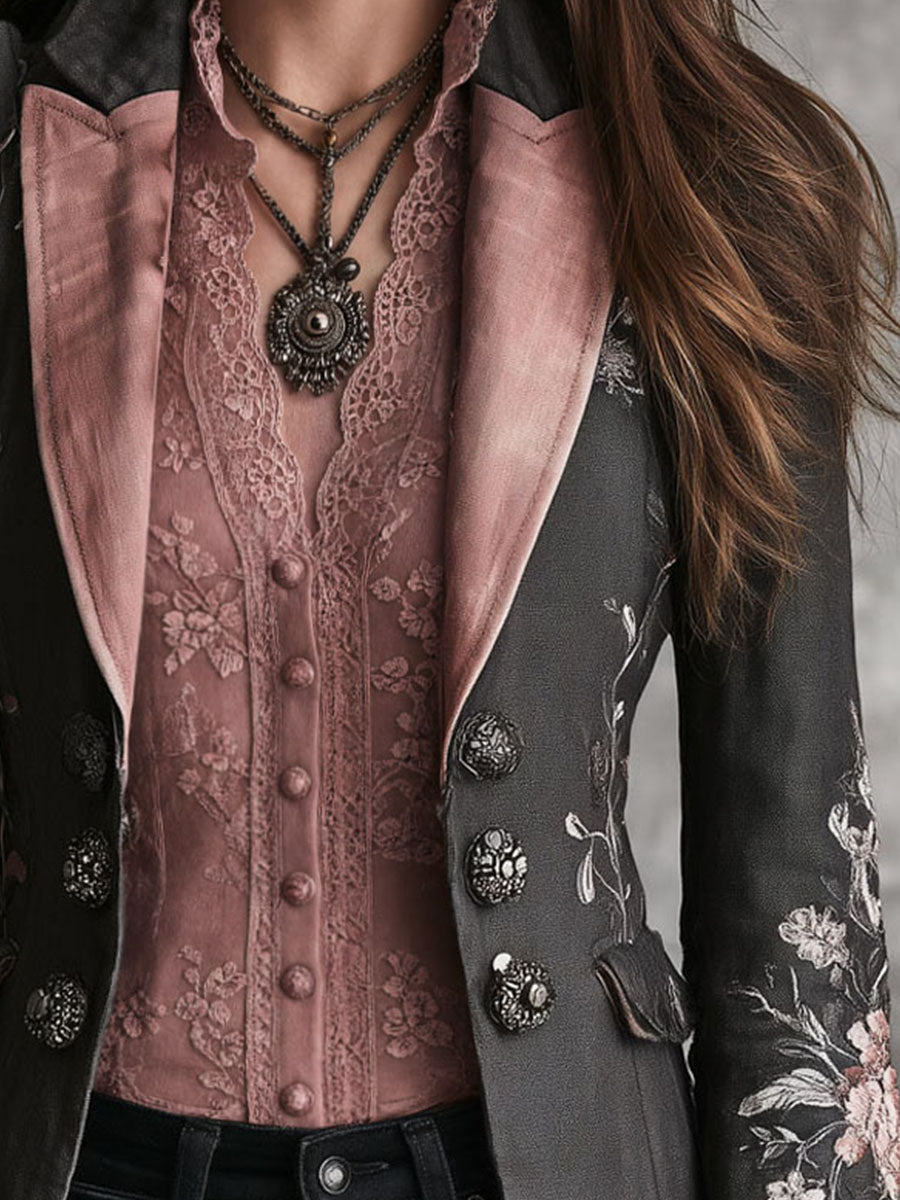 Retro Black Floral Embroidered Pink Satin Lapel Blazer | Harry & Kate London