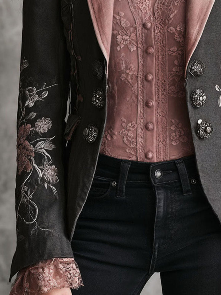 Retro Black Floral Embroidered Pink Satin Lapel Blazer | Harry & Kate London