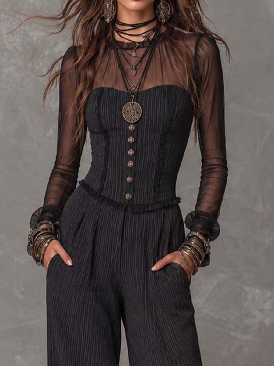 High Neck Sheer Mesh Sleeve Strapless Corset Button Pinstripe Woven Fabric Pocket Wide Leg Jumpsuit