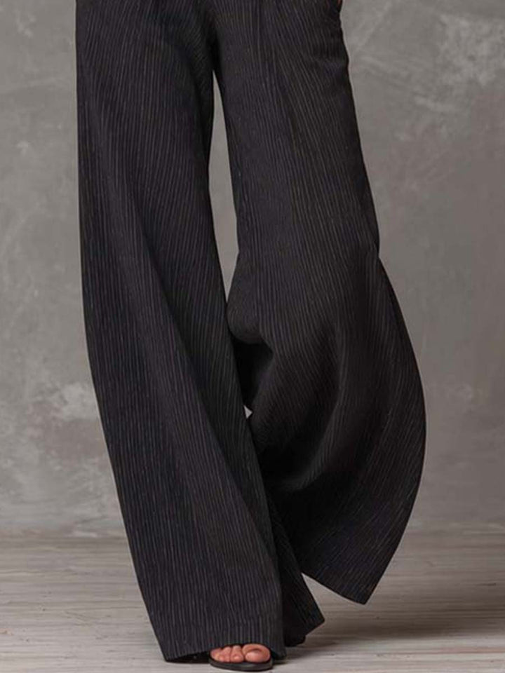 High Neck Sheer Mesh Sleeve Strapless Corset Button Pinstripe Woven Fabric Pocket Wide Leg Jumpsuit