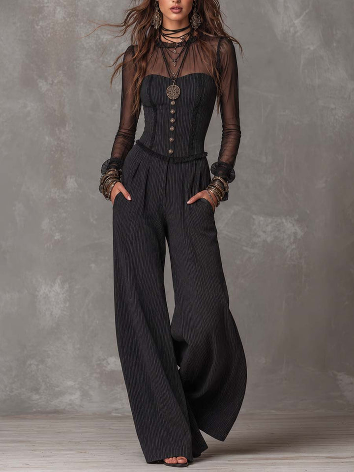 High Neck Sheer Mesh Sleeve Strapless Corset Button Pinstripe Woven Fabric Pocket Wide Leg Jumpsuit