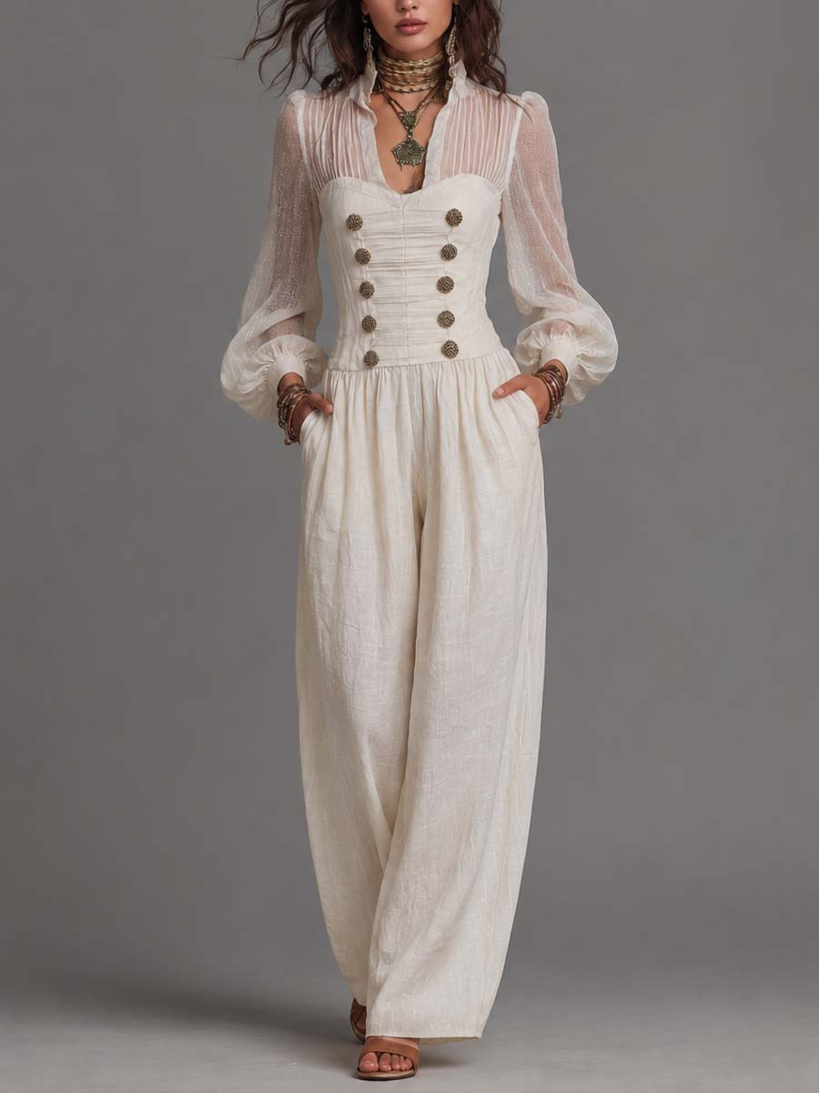 Vintage Napoleonic Style Sheer Sleeve Button Front Wide Leg Jumpsuit