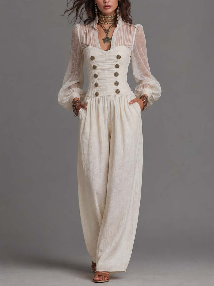 Vintage Napoleonic Style Sheer Sleeve Button Front Wide Leg Jumpsuit