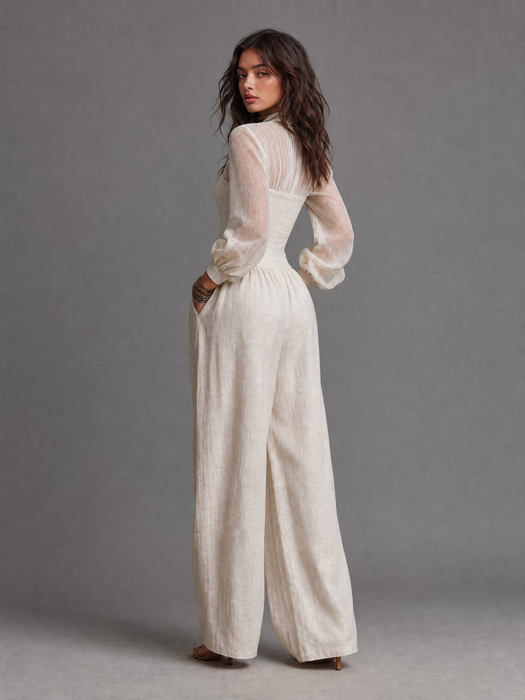 Vintage Napoleonic Style Sheer Sleeve Button Front Wide Leg Jumpsuit