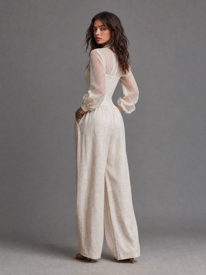 Vintage Napoleonic Style Sheer Sleeve Button Front Wide Leg Jumpsuit