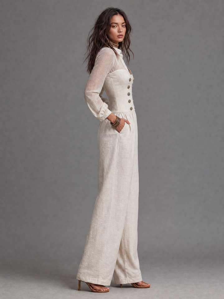 Vintage Napoleonic Style Sheer Sleeve Button Front Wide Leg Jumpsuit