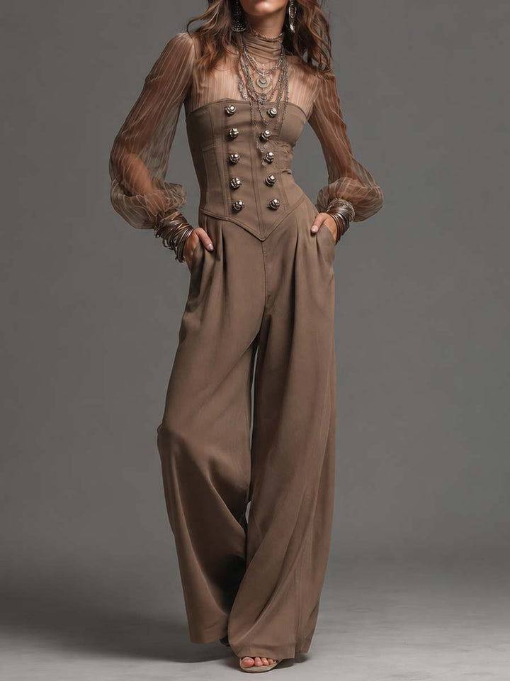 Turtleneck Vertical Stripe Sheer Mesh Puff Sleeve Corset Button Pocket Wide Leg Jumpsuit