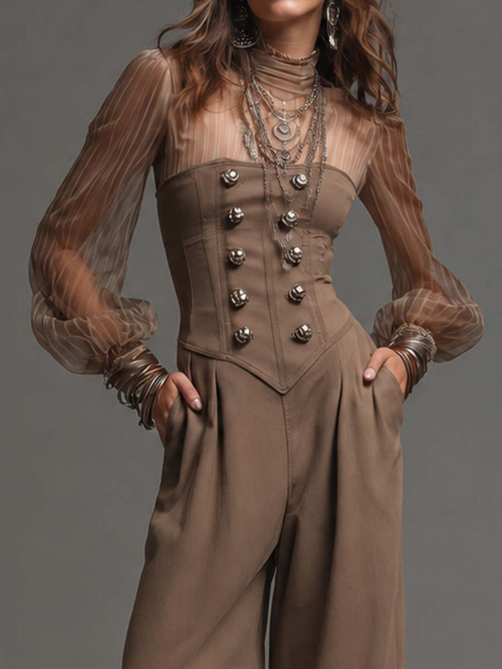 Turtleneck Vertical Stripe Sheer Mesh Puff Sleeve Corset Button Pocket Wide Leg Jumpsuit