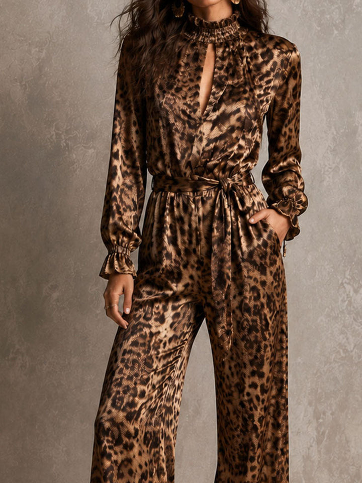 Vintage Leopard Satin Frill Neck Belted Long Sleeve Jumpsuit