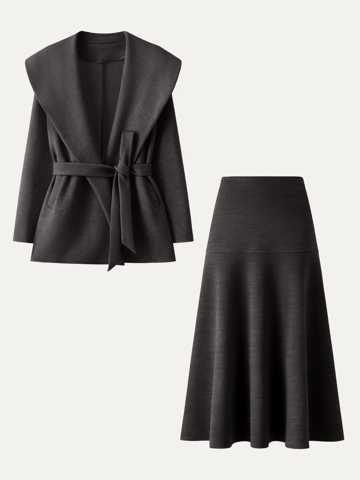 2Pcs Set Shawl Collar Belted Jacket & Mid-Rise Circle Midi Skirt