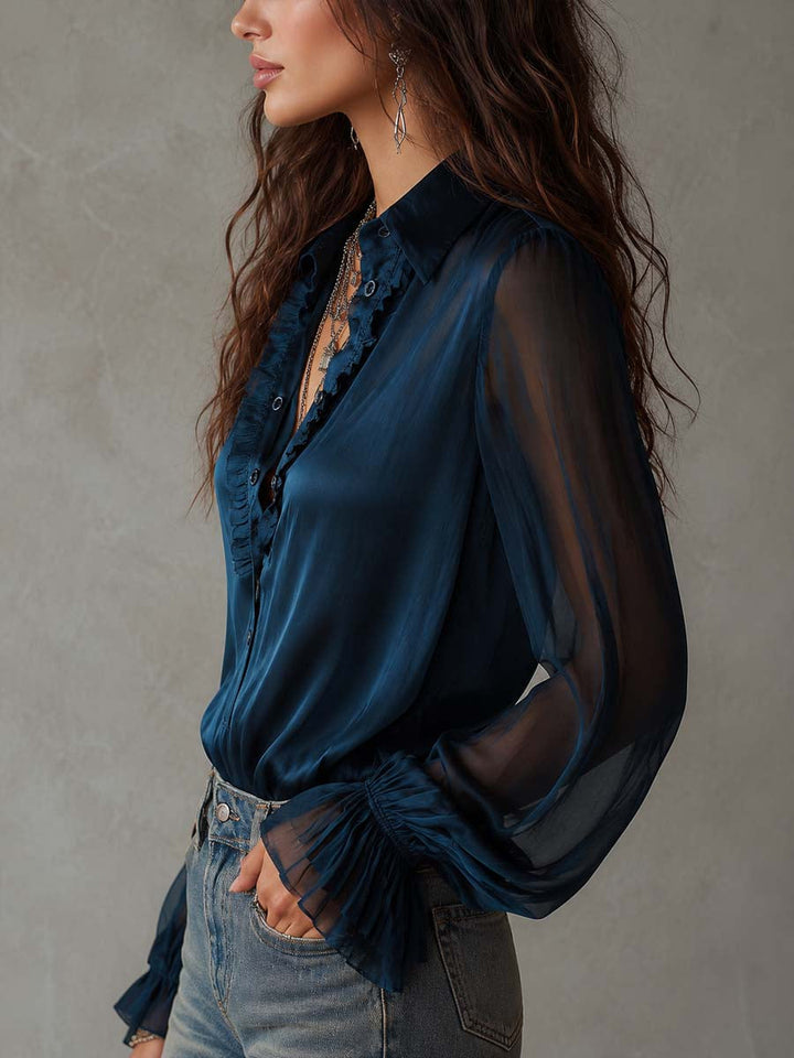 Vintage Tencel Blend Ruffle Collar Sheer Long-Sleeve Shirt | Harry & Kate London