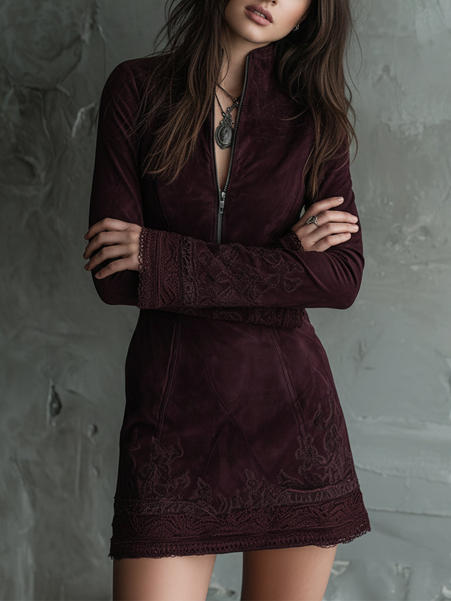 Vintage Suede Embroidered Lace Trim Mini Dress | Harry & Kate London
