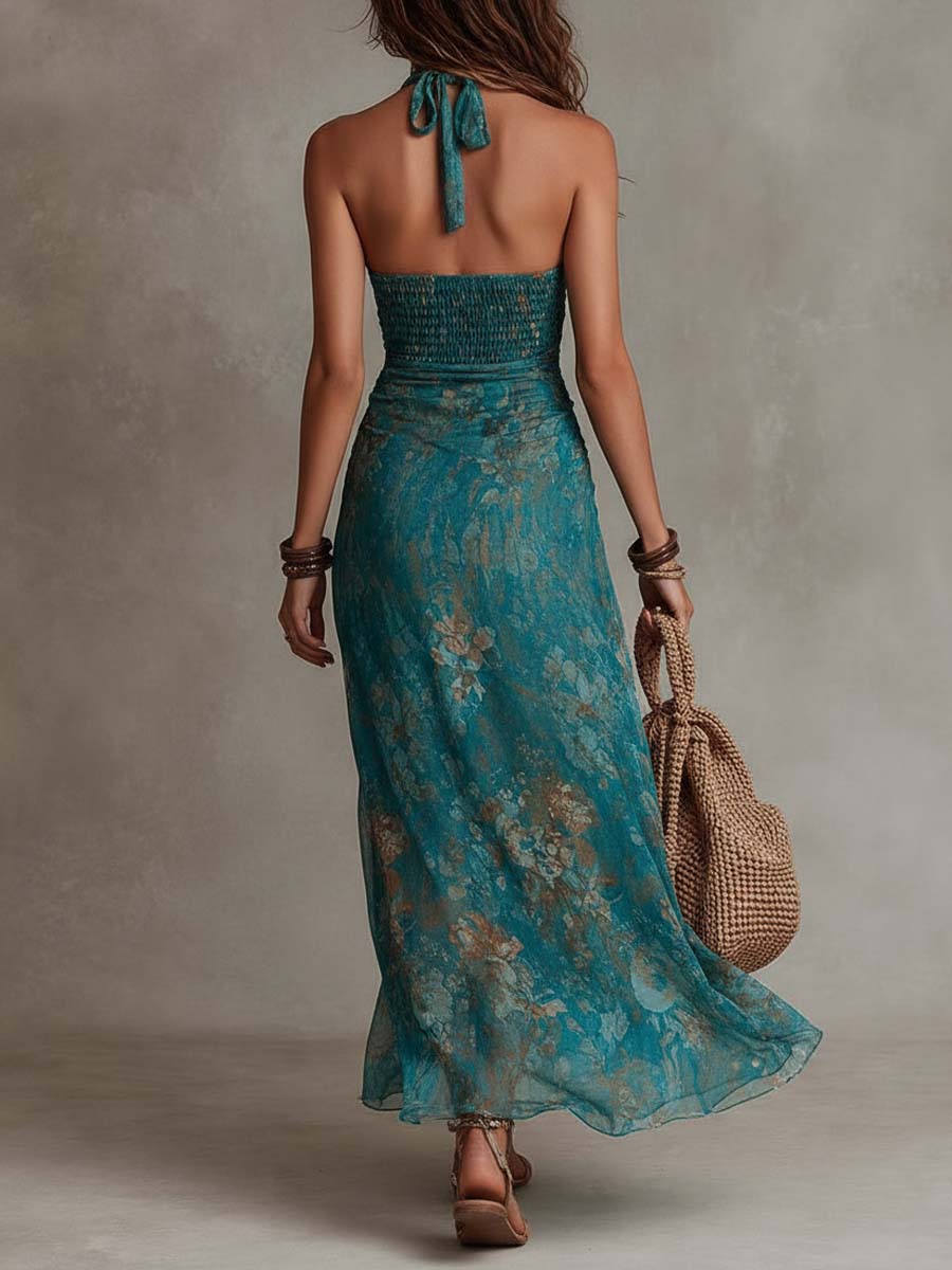 Vintage Bohemian Floral Chiffon Halter Smocked Waist Ruched High Slit Maxi Dress