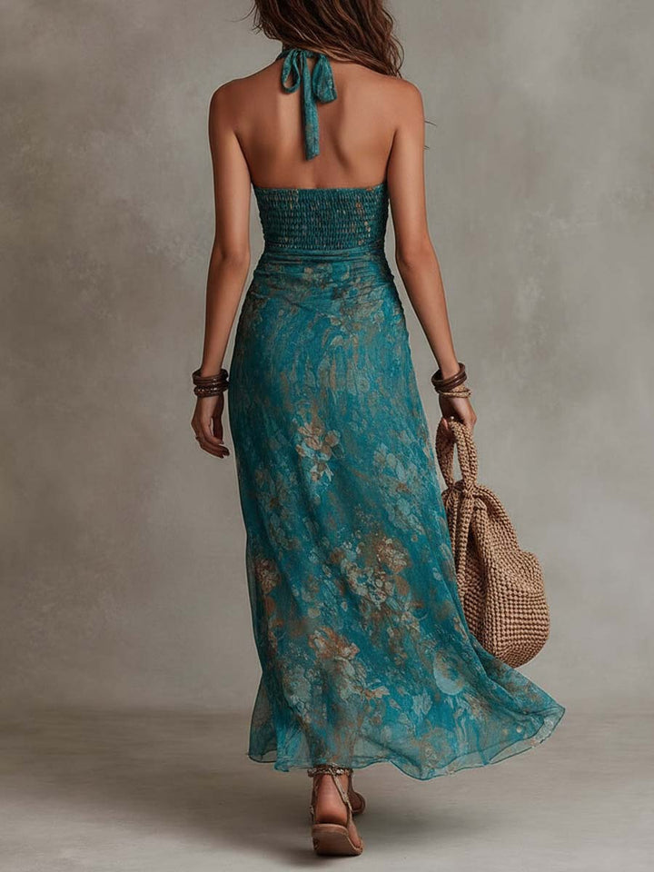 Vintage Bohemian Floral Chiffon Halter Smocked Waist Ruched High Slit Maxi Dress