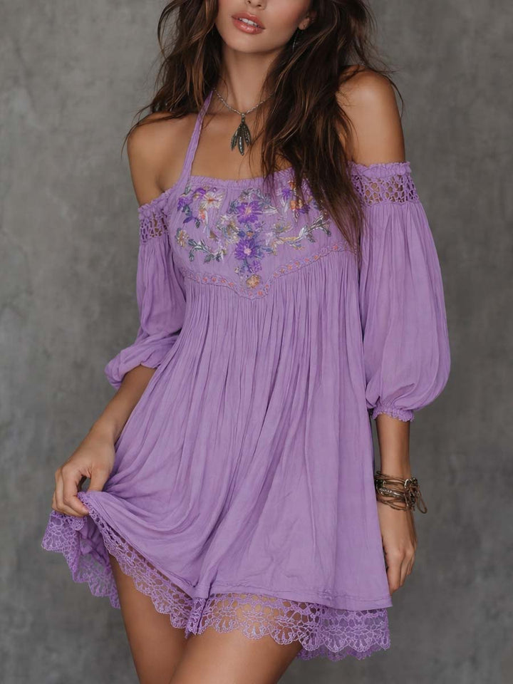 Vintage Softness Embroidered Off-Shoulder Mini Dress | Harry & Kate London
